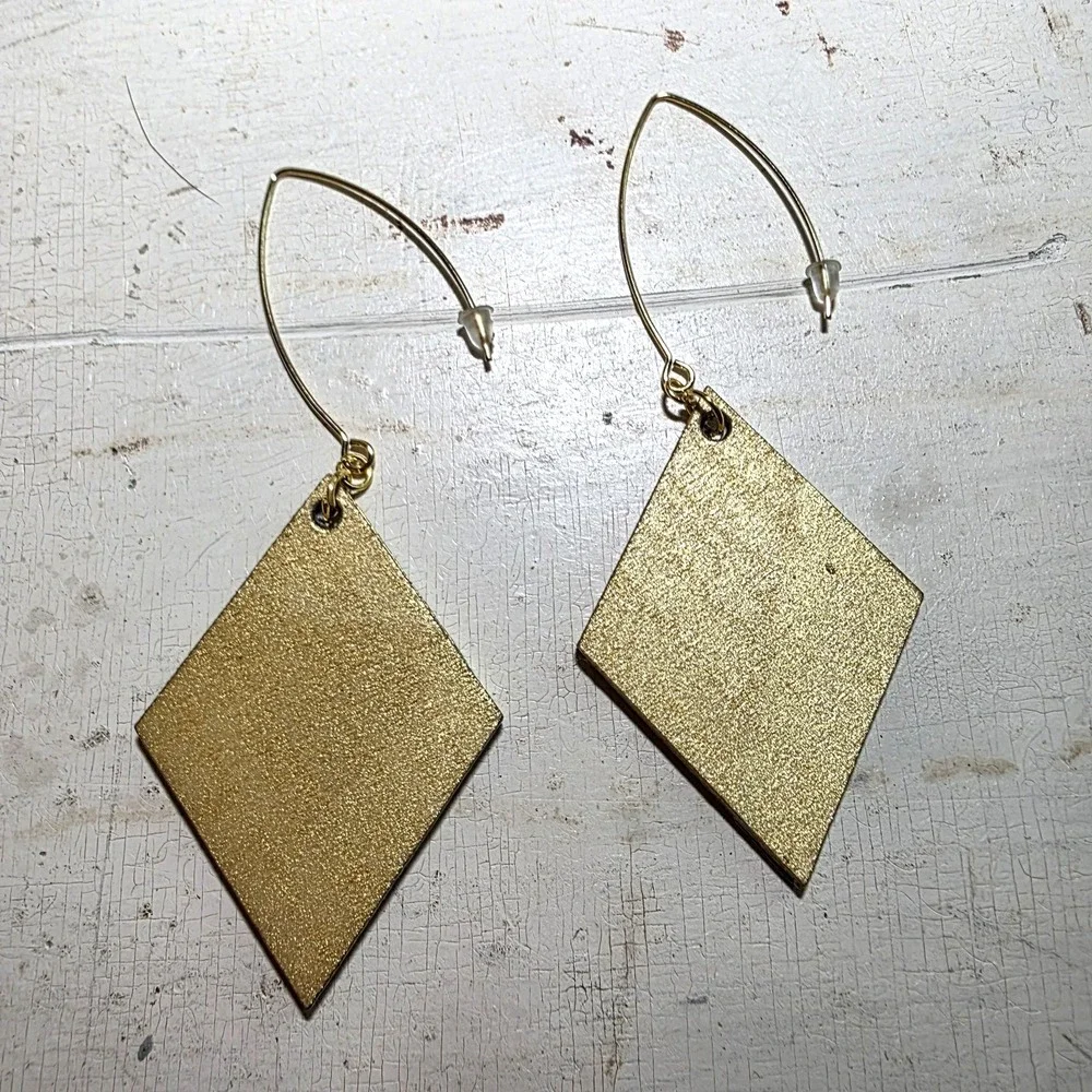 Handmade Abstract Wood Statement Earrings OOAK Ocean Blue Gold Metallic Dangles
